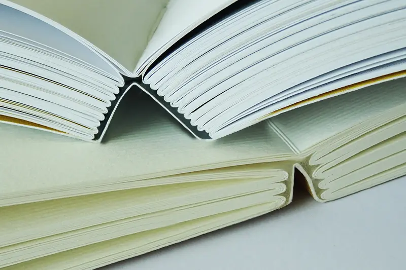 brossura cucita filo refe, si notano le segnatura (gruppi di pagine) incollate direttamente sulla copertina