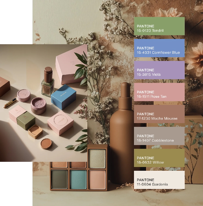 armonia colori accostati al moucha mousse packaging con armonia accostata al colore pantone mocha mousse, colori analoghi e complementari stessa saturazione