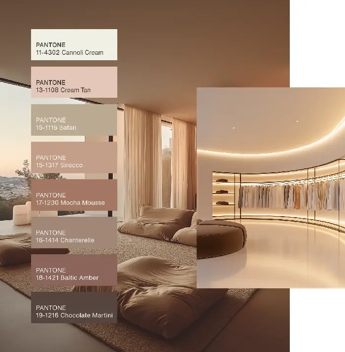 arredamento con mocha mousse pantone armonia moncromatica con colore mocha mousse. Immagine che mostra esempio di arredamente che ruoota attorno alla tinta pantone mocha mousse