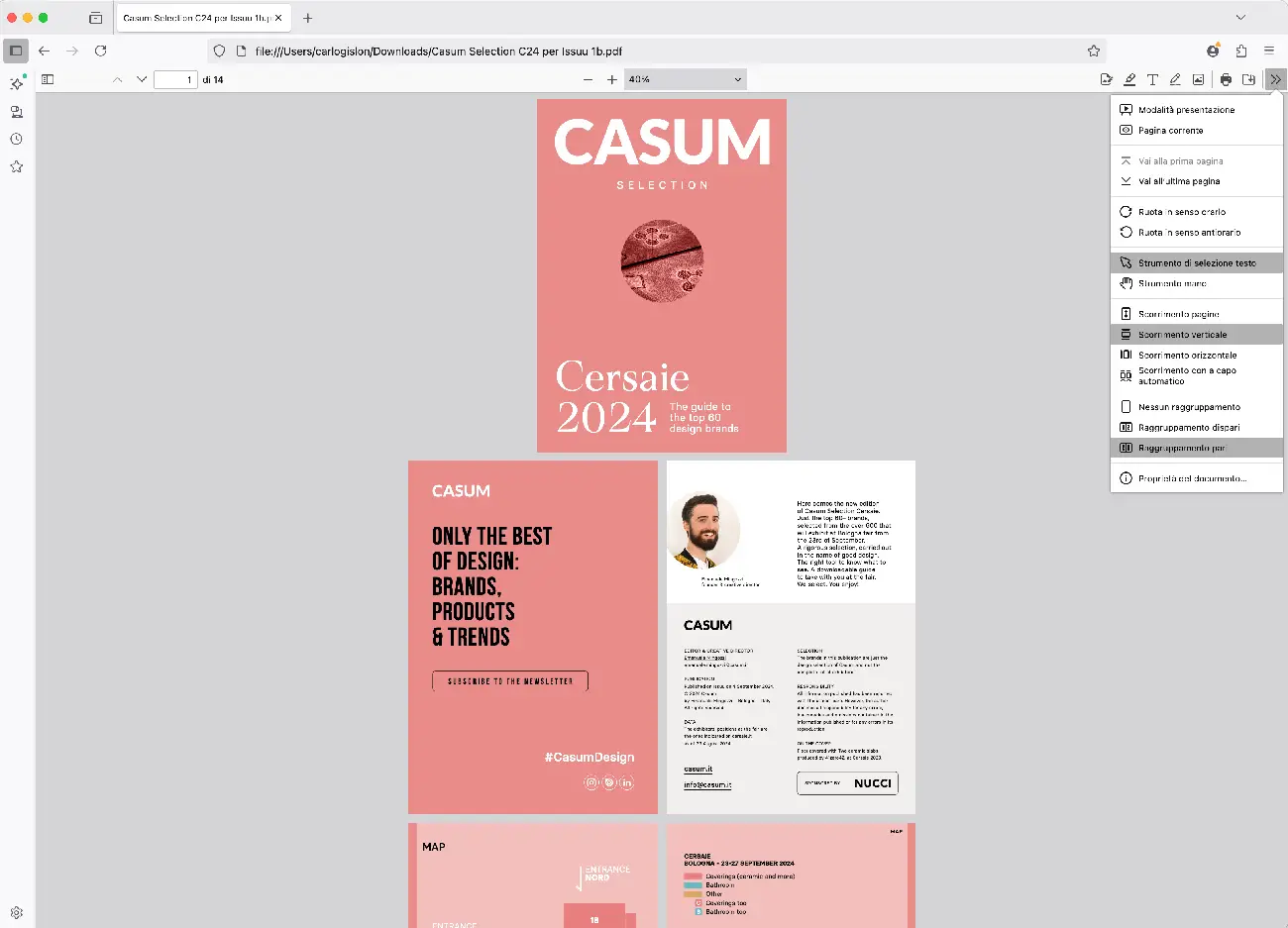 Il formato digitale editoriale Pdf come si presenta aperto con browser Firefox. Notare le opzioni di visualizzazione