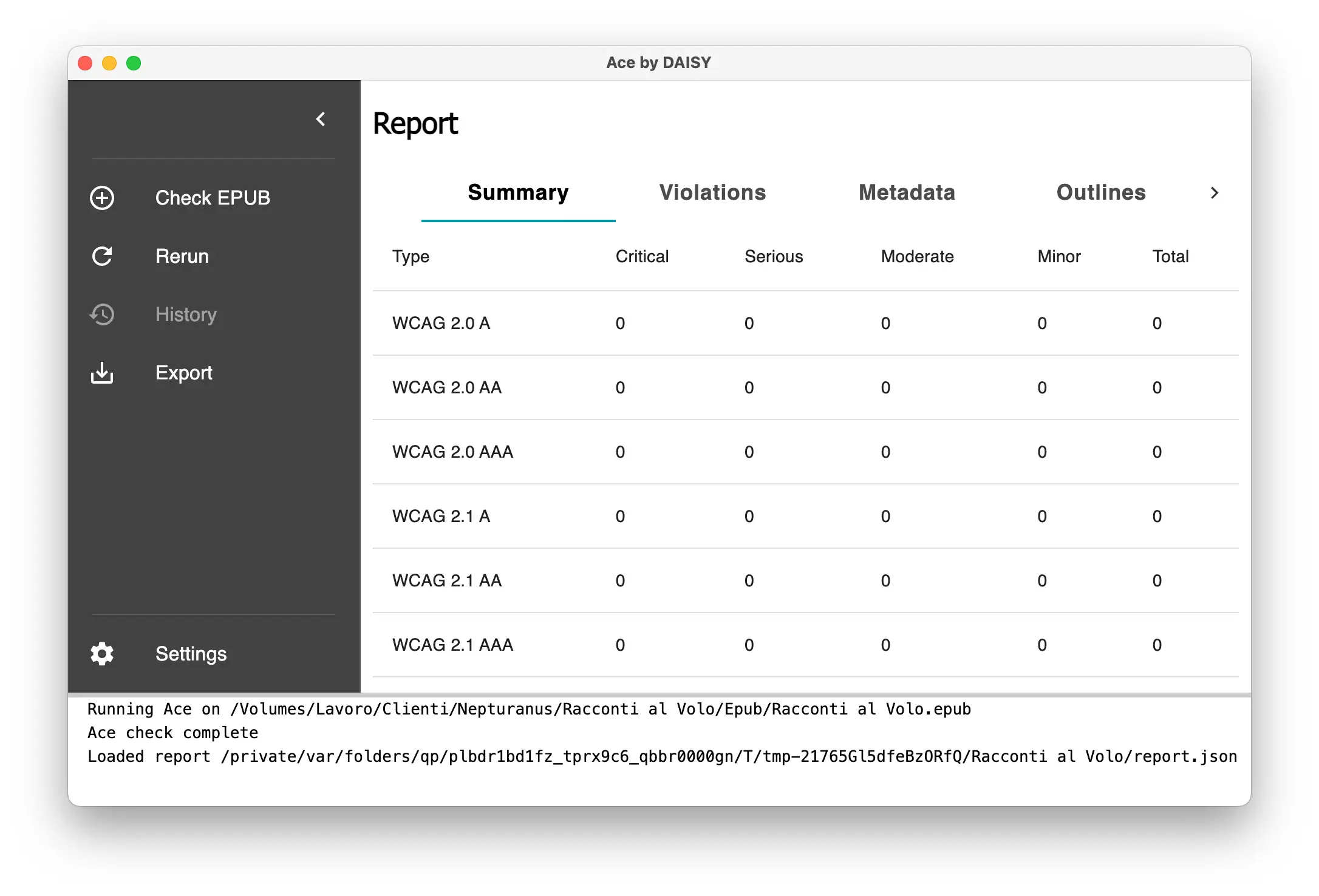 schermata principale di Ace by Daisy per il controllo dell'accessibilità dell'ebook
